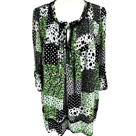 "Notations" Patchwork Sheer Blouse, TIe in Front,Ruffled Sleeves.Artsy,Country - Picture 1 of 8